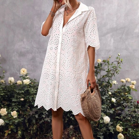 MODA ME COUTURE Dresses & Skirts - White Eyelet Embroidery Drop Shoulder Dress